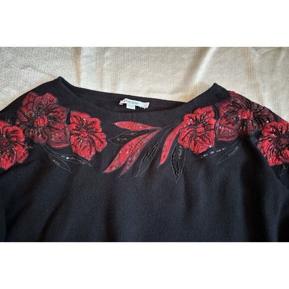 STUNNING Chico's Sweater Black Red Floral Embroidered Christmas Holiday Sz 3 XL‎ - Picture 9 of 16